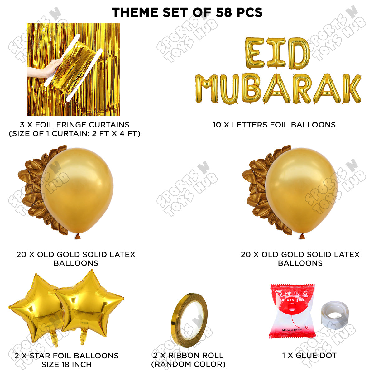 58 Pcs Eid Mubarak Gold Foil Balloon Curtain Theme Collection