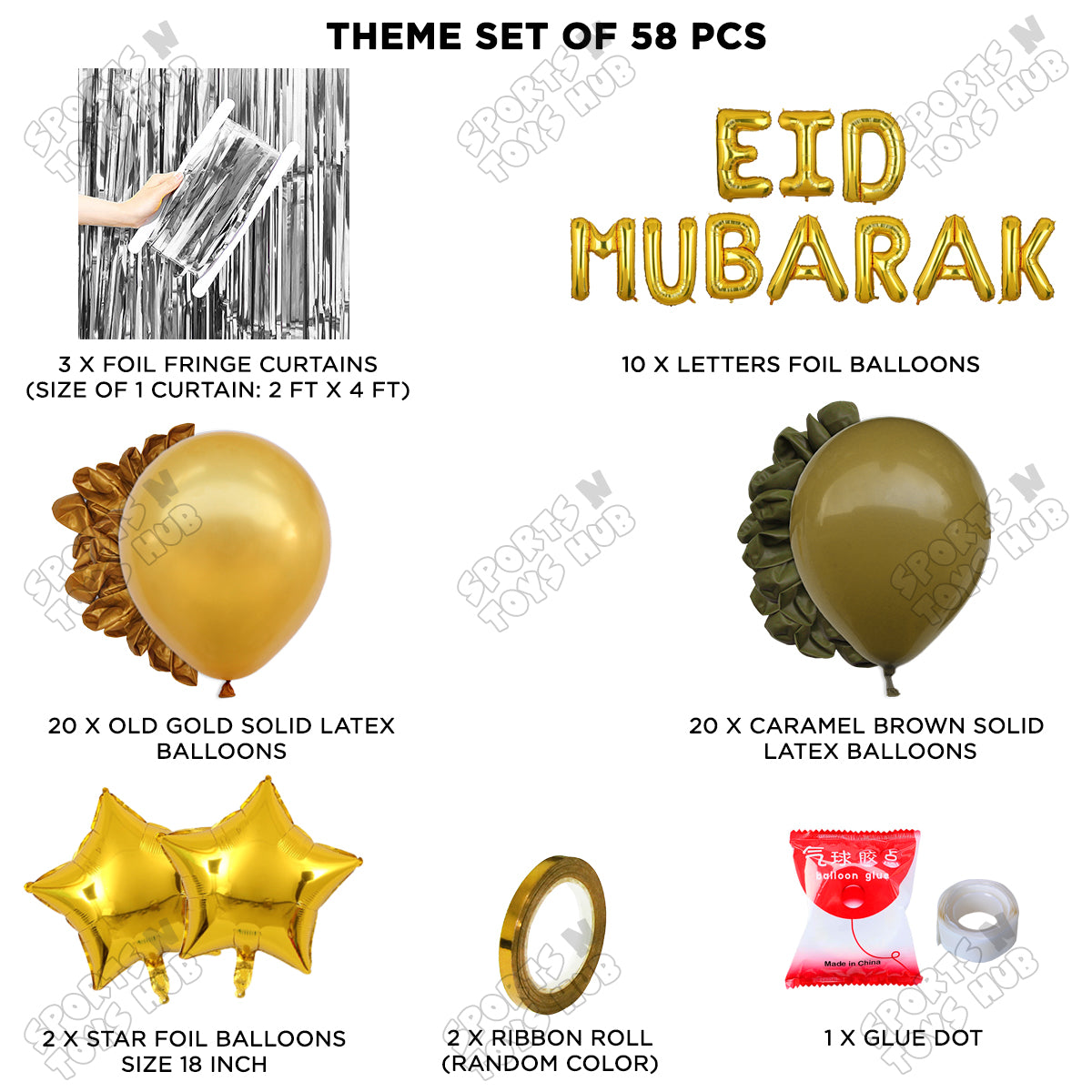 58 Pcs Eid Mubarak Gold Foil Balloon Curtain Theme Collection