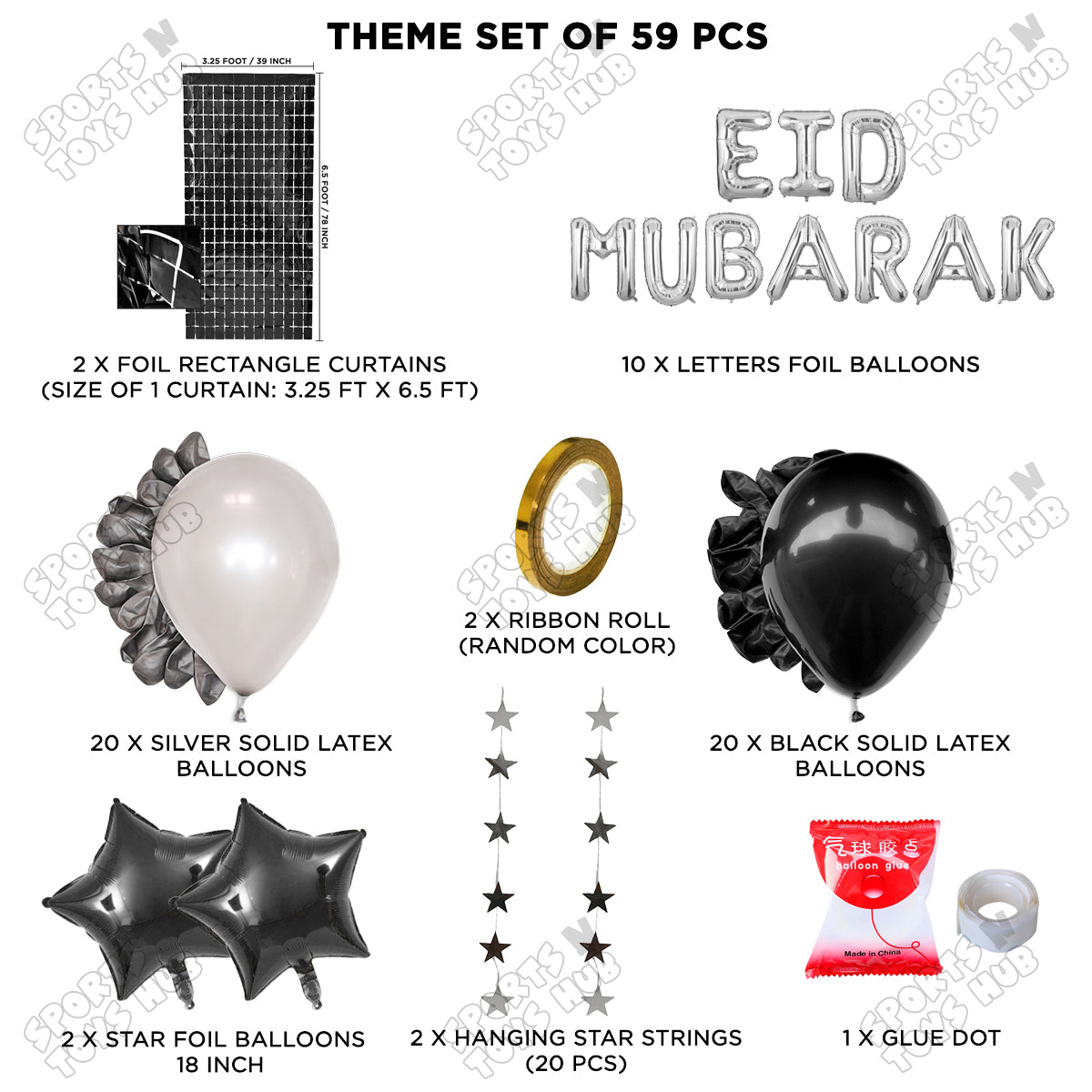 59 Pcs Eid Mubarak Silver Foil Balloon Rectangle Curtain Theme Collection
