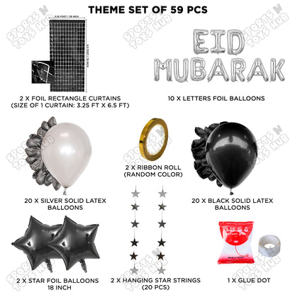 59 Pcs Eid Mubarak Silver Foil Balloon Rectangle Curtain Theme Collection