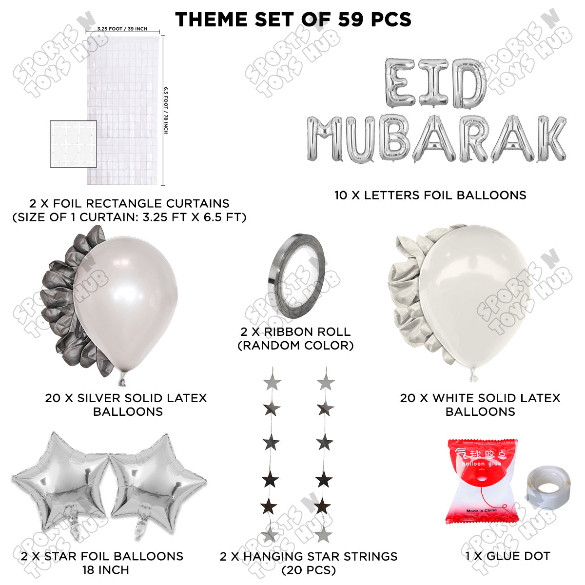 59 Pcs Eid Mubarak Silver Foil Balloon Rectangle Curtain Theme Collection