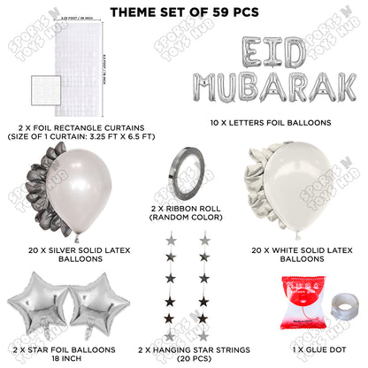 59 Pcs Eid Mubarak Silver Foil Balloon Rectangle Curtain Theme Collection