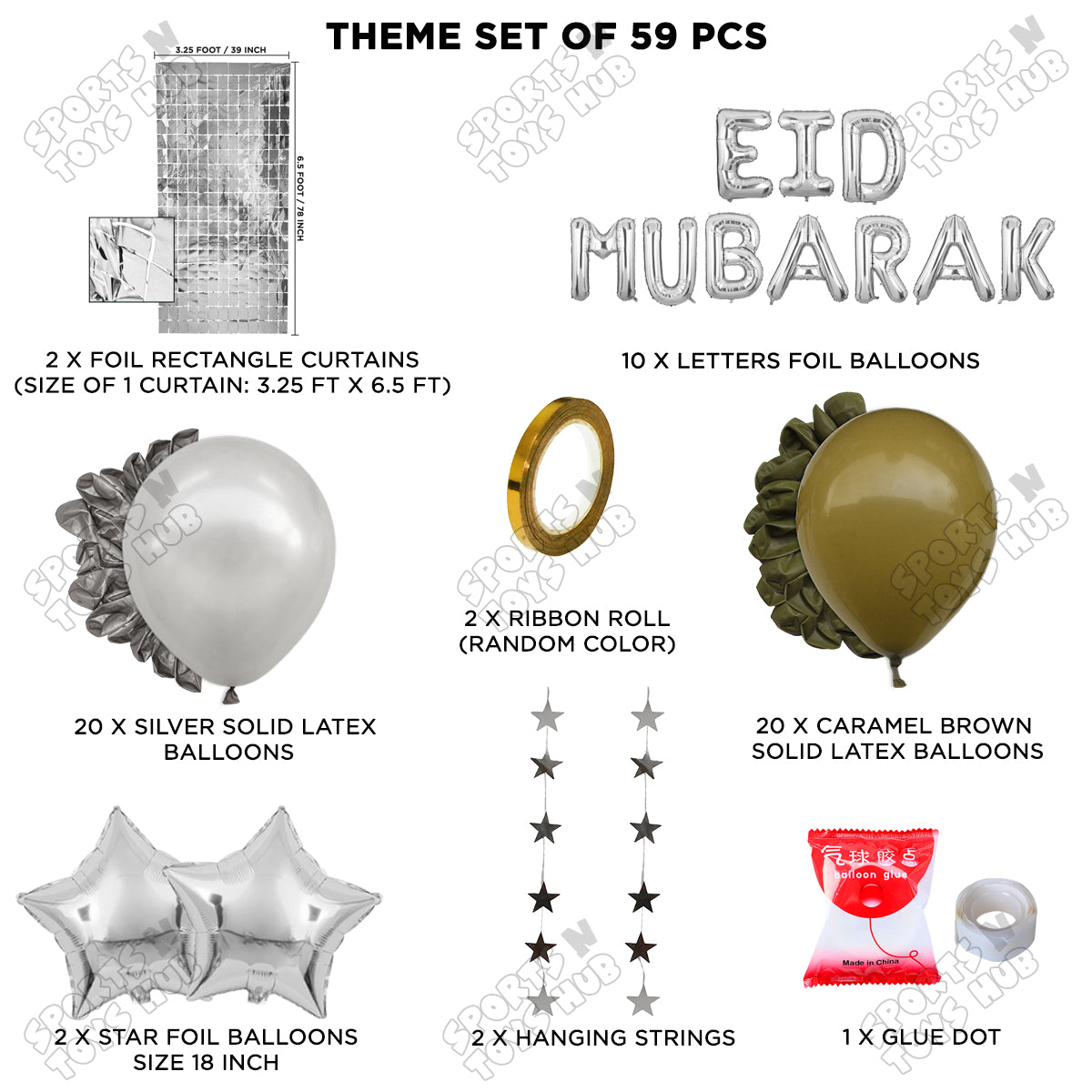 59 Pcs Eid Mubarak Silver Foil Balloon Rectangle Curtain Theme Collection