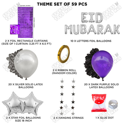 59 Pcs Eid Mubarak Silver Foil Balloon Rectangle Curtain Theme Collection
