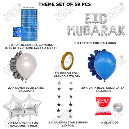 59 Pcs Eid Mubarak Silver Foil Balloon Rectangle Curtain Theme Collection