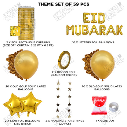 59 Pcs Eid Mubarak Gold Foil Balloon Rectangle Curtain Theme Collection