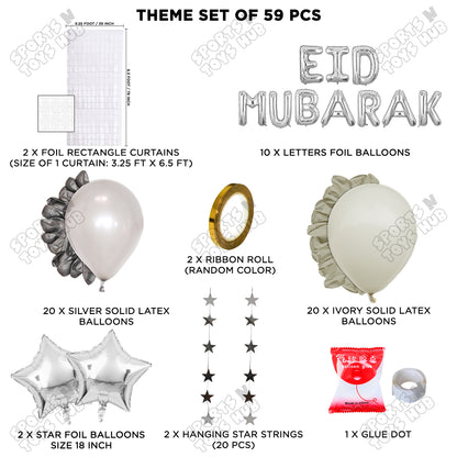 59 Pcs Eid Mubarak Silver Foil Balloon Rectangle Curtain Theme Collection