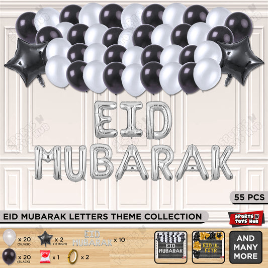 55 Pcs Eid Mubarak Silver Foil Balloon Garland Theme Collection