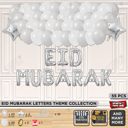 55 Pcs Eid Mubarak Silver Foil Balloon Garland Theme Collection