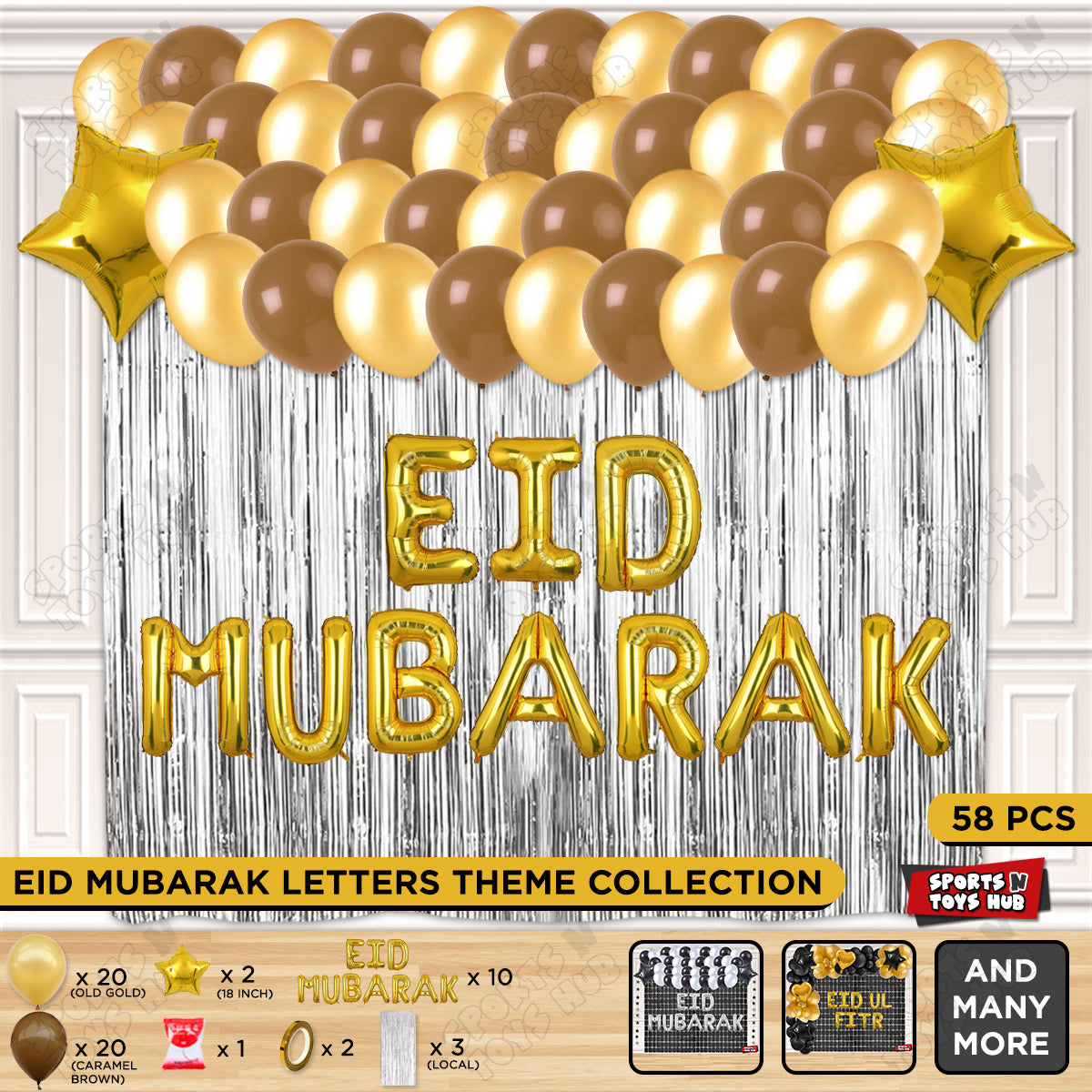 58 Pcs Eid Mubarak Gold Foil Balloon Curtain Theme Collection