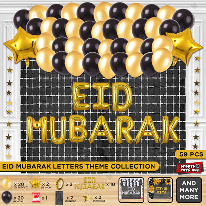 59 Pcs Eid Mubarak Gold Foil Balloon Rectangle Curtain Theme Collection