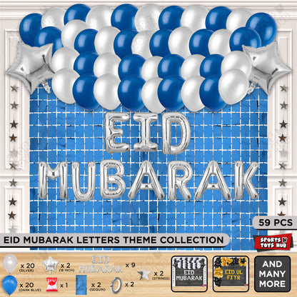 59 Pcs Eid Mubarak Silver Foil Balloon Rectangle Curtain Theme Collection
