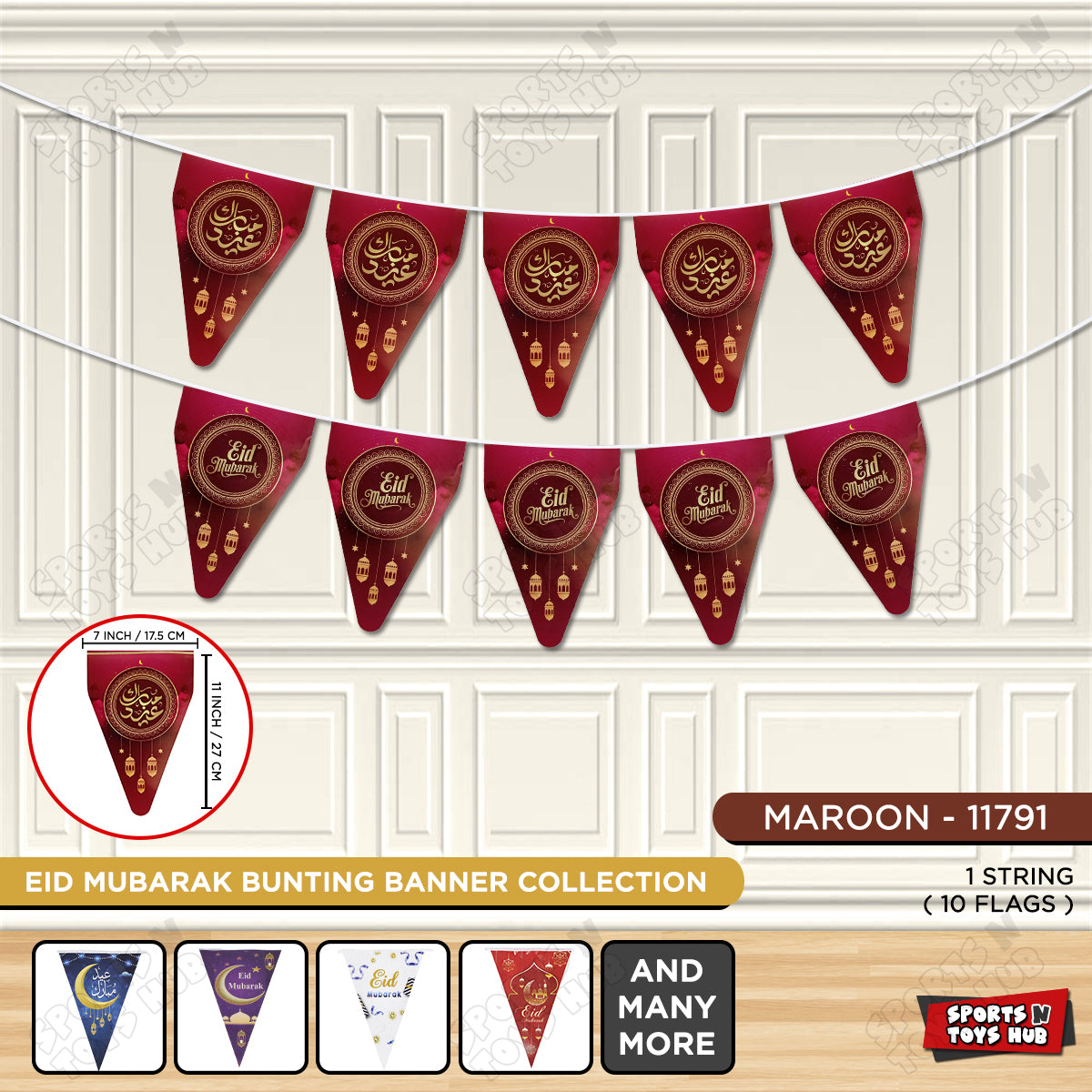 Eid Mubarak Maroon Color Printed Flag Triangle Banner
