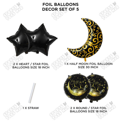 Moon Star Eid Mubarak Printed Pack Of 5 Foil Balloon Set