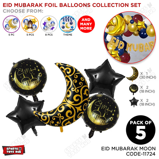 Moon Star Eid Mubarak Printed Pack Of 5 Foil Balloon Set