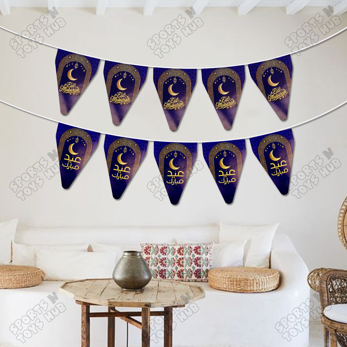 Eid Mubarak Purple Color Printed Flag Triangle Banner