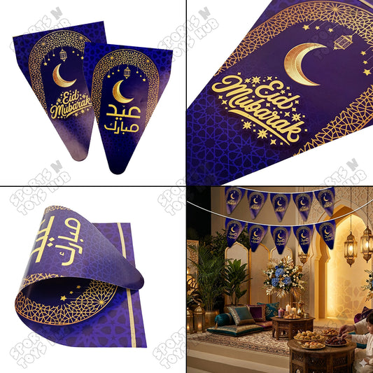 Eid Mubarak Purple Color Printed Flag Triangle Banner