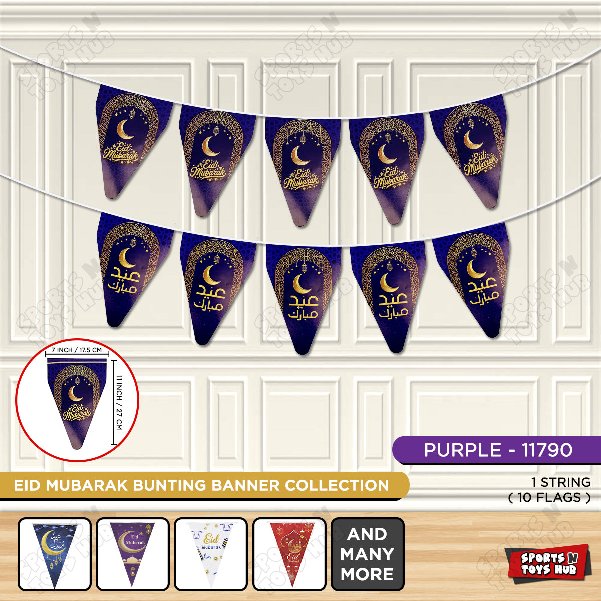 Eid Mubarak Purple Color Printed Flag Triangle Banner