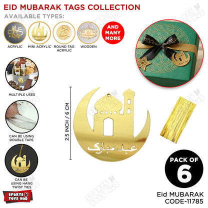 Eid Mubarak Mosque Crescent Moon Tag Style Acrylic Cake Topper - 6 Pcs