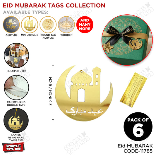 Eid Mubarak Mosque Crescent Moon Tag Style Acrylic Cake Topper - 6 Pcs