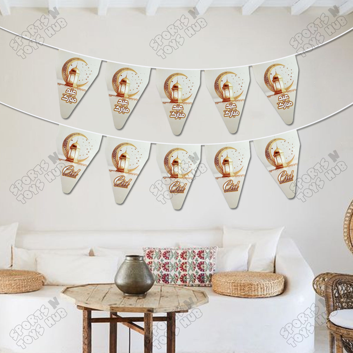 Eid Mubarak White Color Printed Flag Triangle Banner