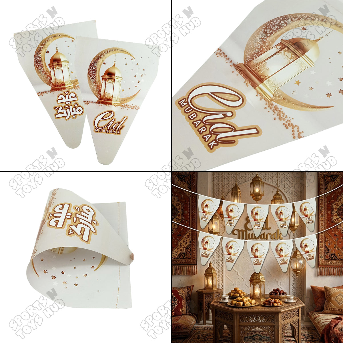 Eid Mubarak White Color Printed Flag Triangle Banner
