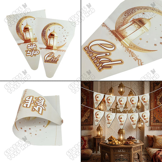 Eid Mubarak White Color Printed Flag Triangle Banner