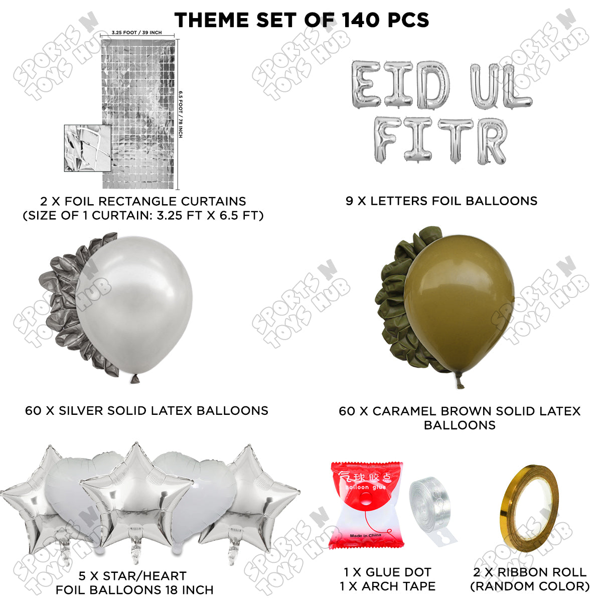140 Pcs Eid Ul Fitr Silver Foil Balloon Arch Theme Collection