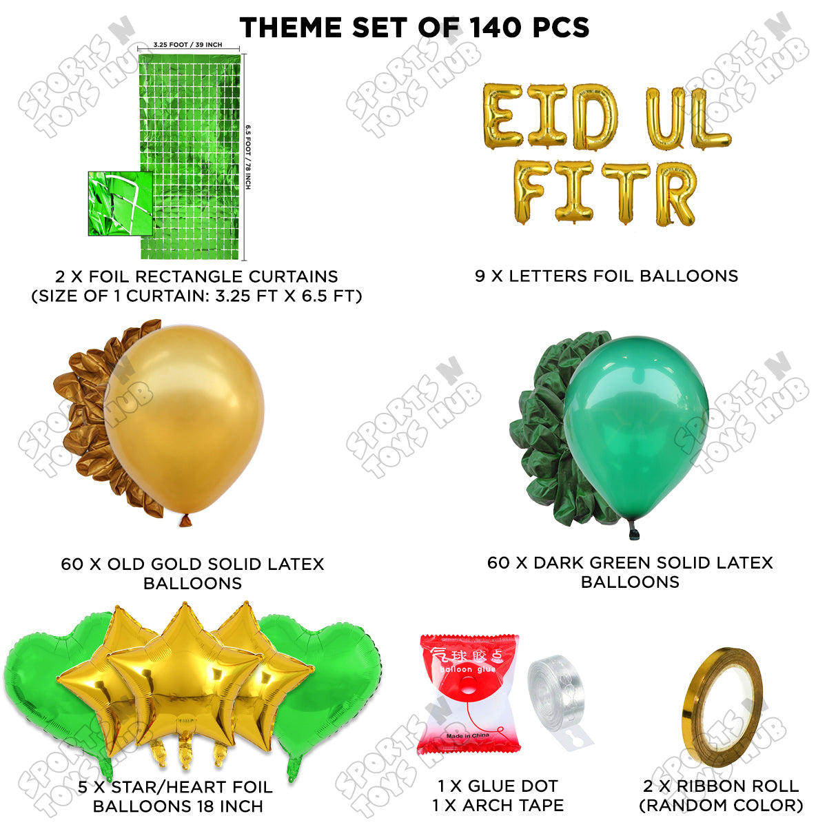140 Pcs Eid Ul Fitr Gold Foil Balloon Arch Theme Collection