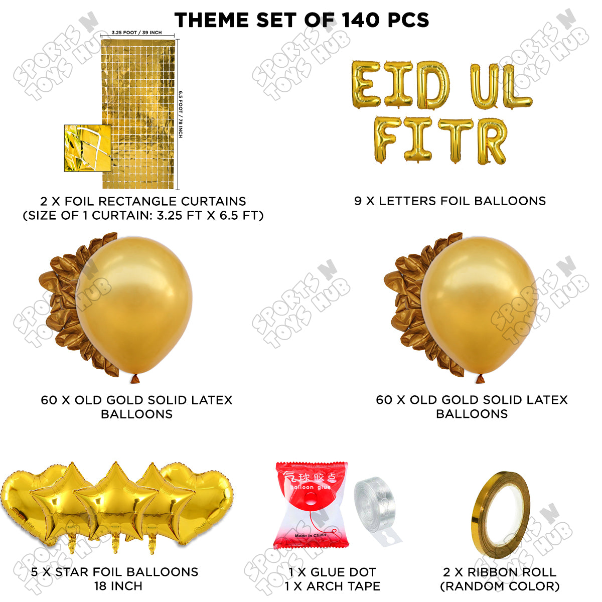 140 Pcs Eid Ul Fitr Gold Foil Balloon Arch Theme Collection