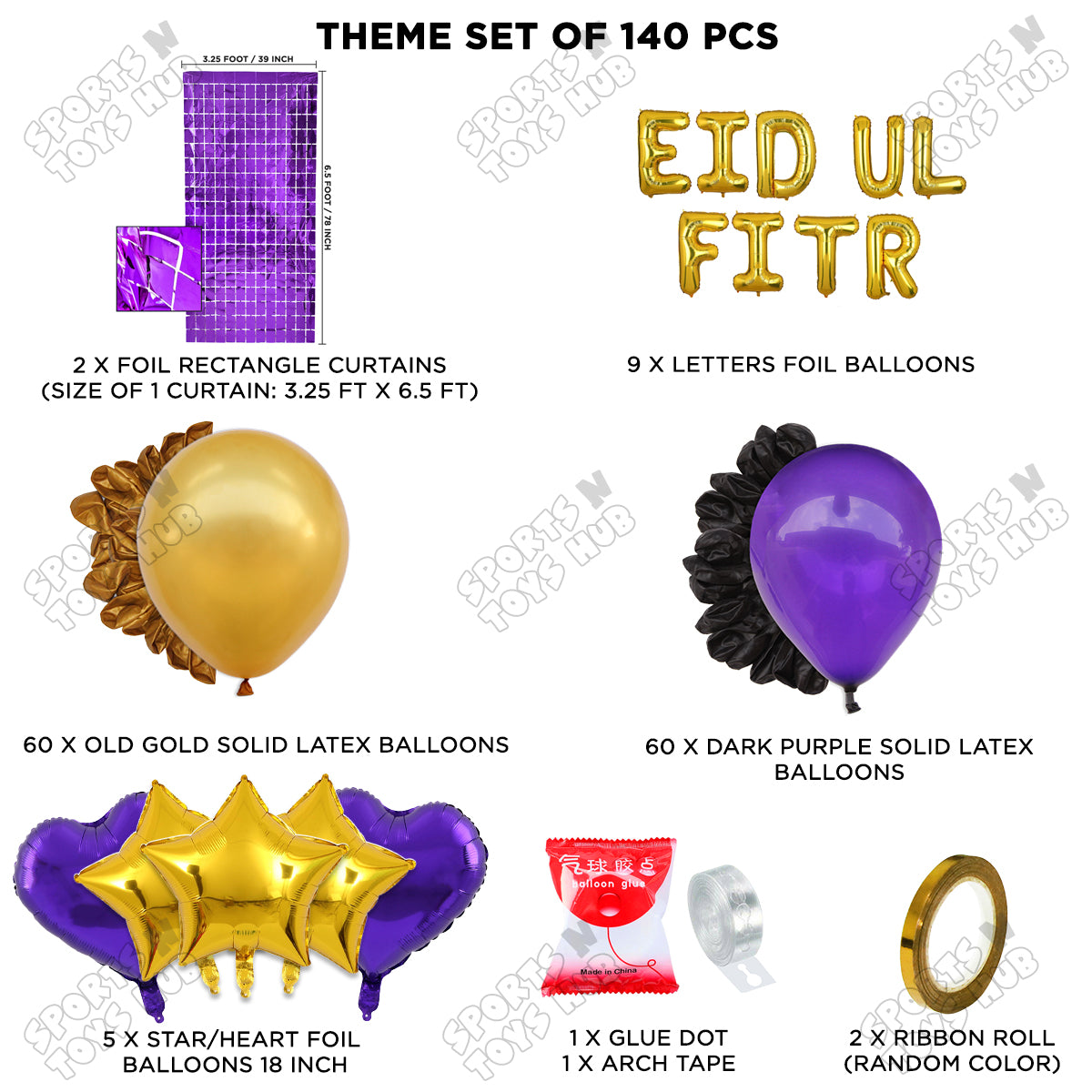 140 Pcs Eid Ul Fitr Gold Foil Balloon Arch Theme Collection