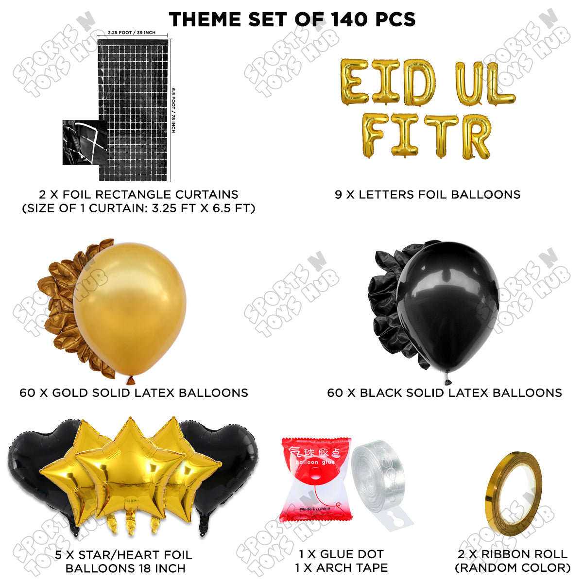140 Pcs Eid Ul Fitr Gold Foil Balloon Arch Theme Collection