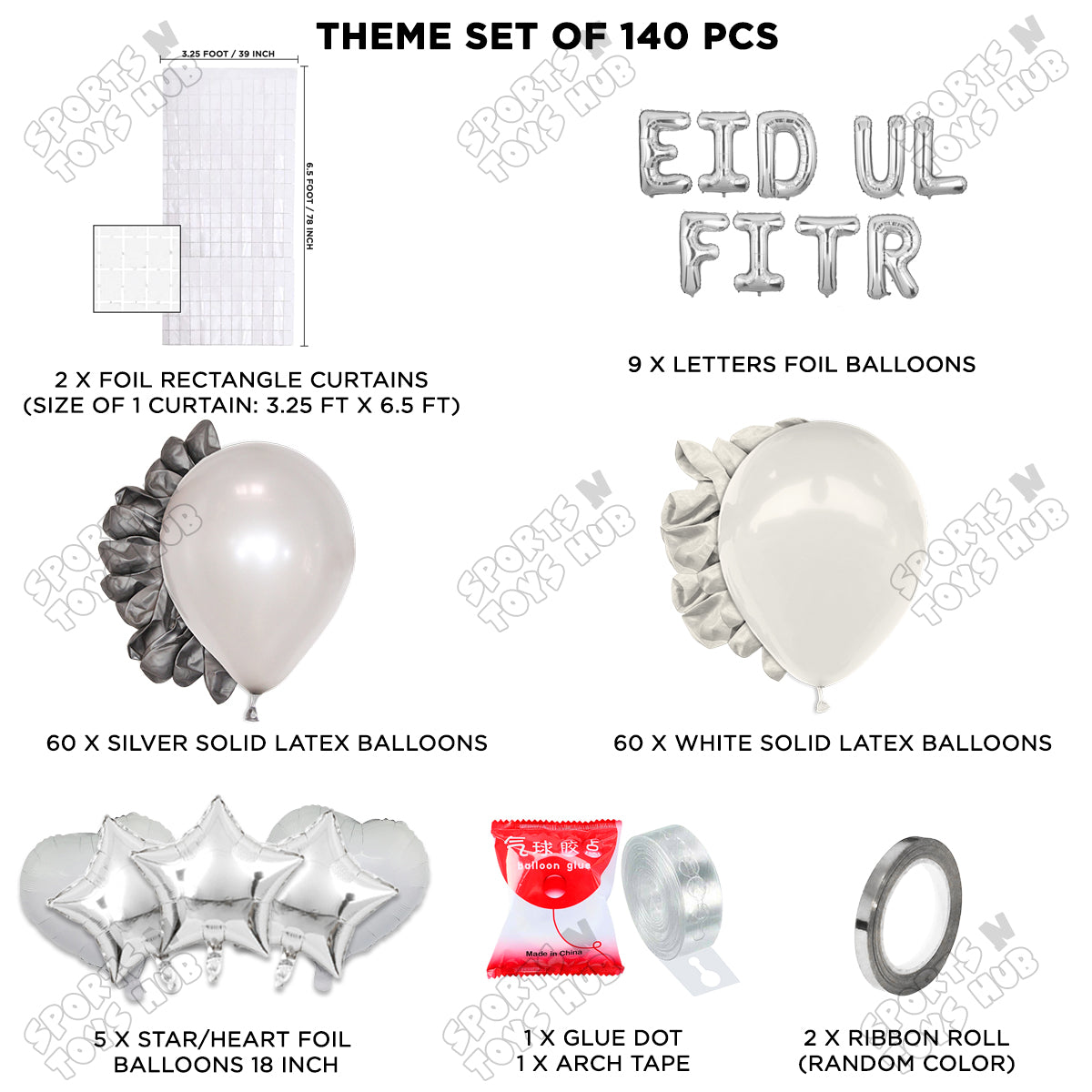 140 Pcs Eid Ul Fitr Silver Foil Balloon Arch Theme Collection