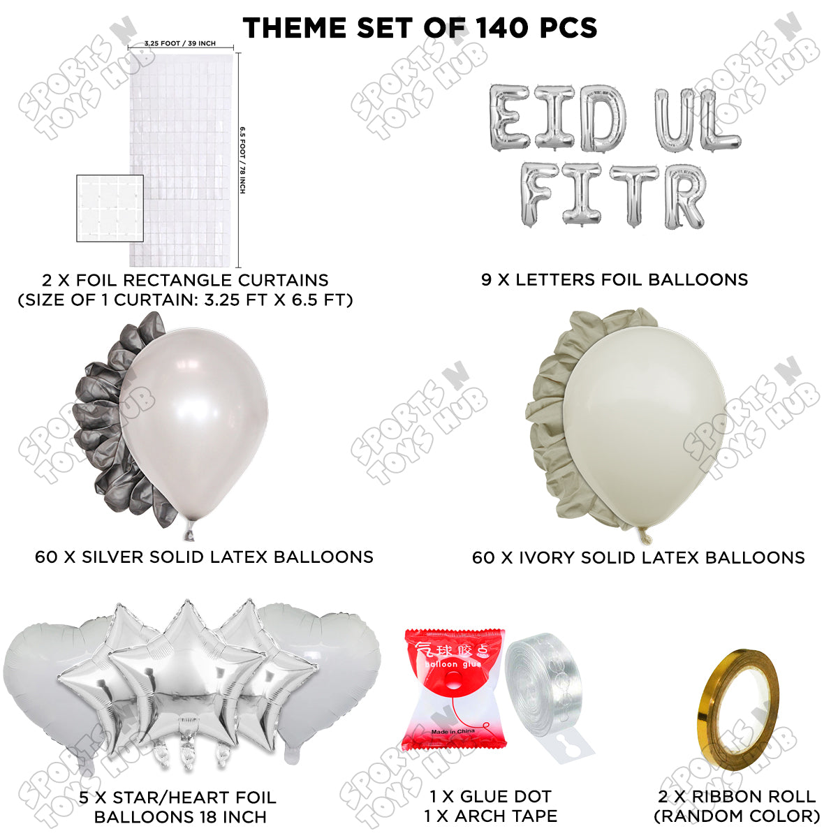 140 Pcs Eid Ul Fitr Silver Foil Balloon Arch Theme Collection