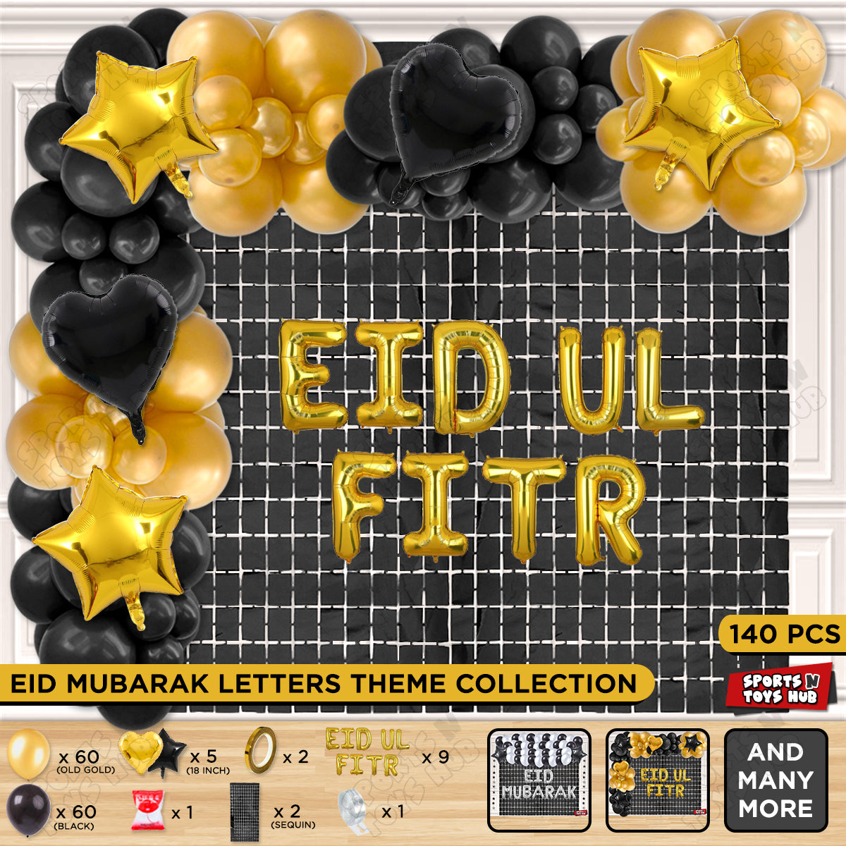 140 Pcs Eid Ul Fitr Gold Foil Balloon Arch Theme Collection