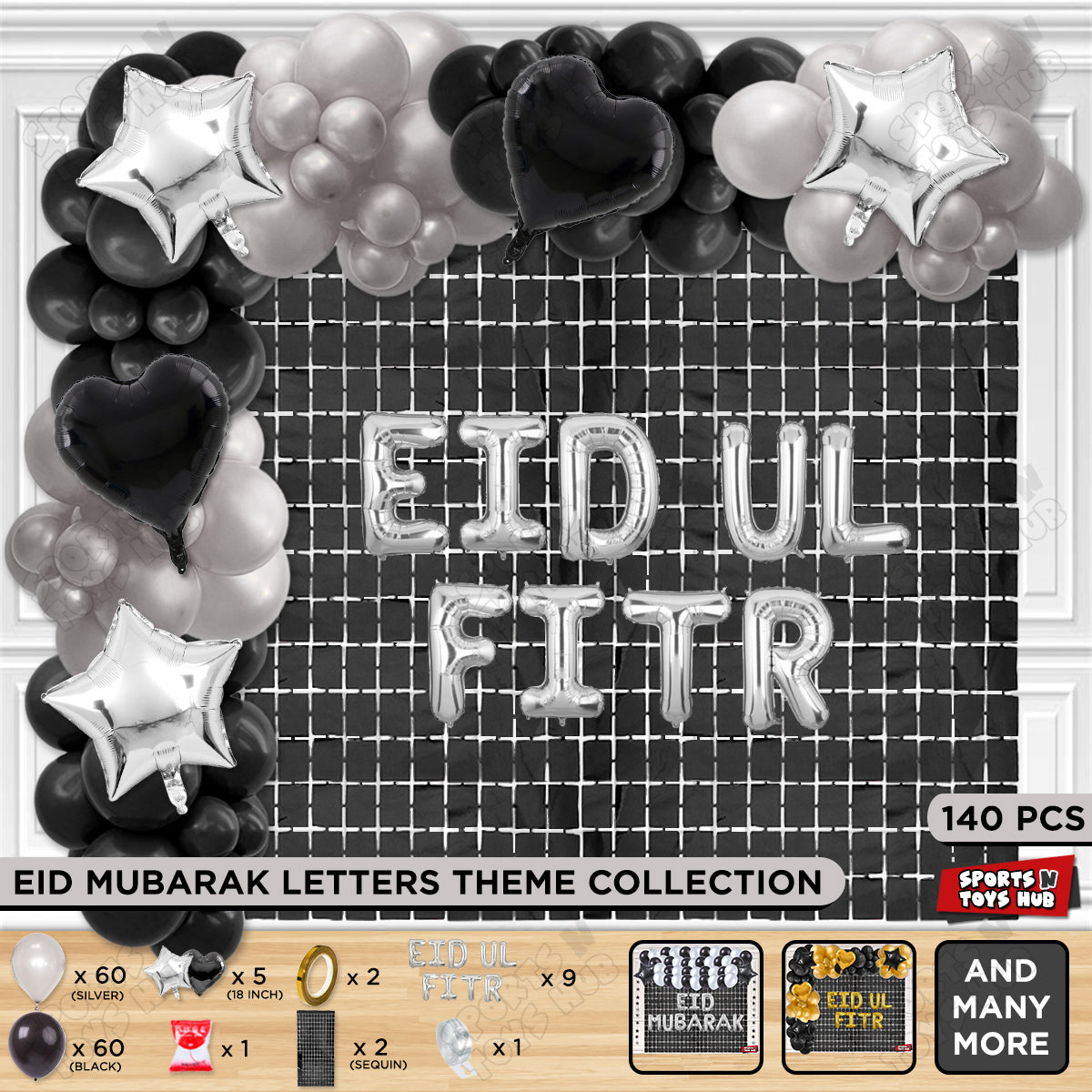 140 Pcs Eid Ul Fitr Silver Foil Balloon Arch Theme Collection