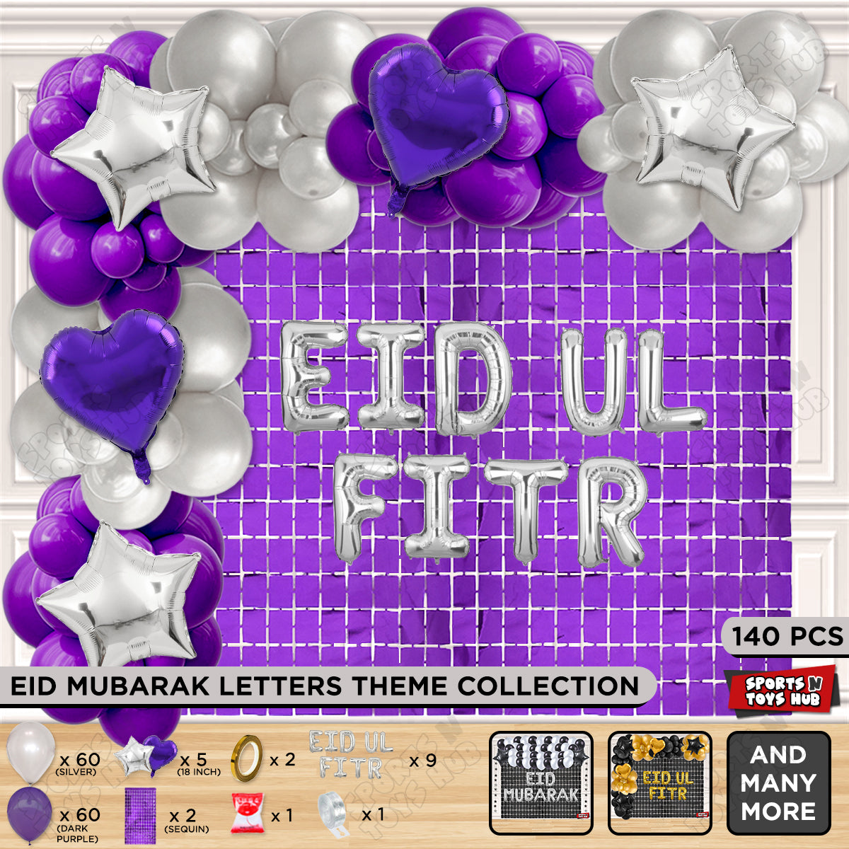 140 Pcs Eid Ul Fitr Silver Foil Balloon Arch Theme Collection