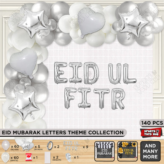 140 Pcs Eid Ul Fitr Silver Foil Balloon Arch Theme Collection