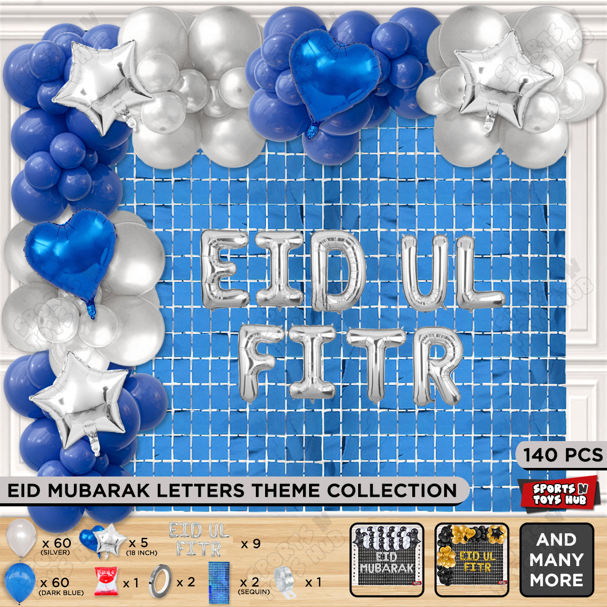 140 Pcs Eid Ul Fitr Silver Foil Balloon Arch Theme Collection
