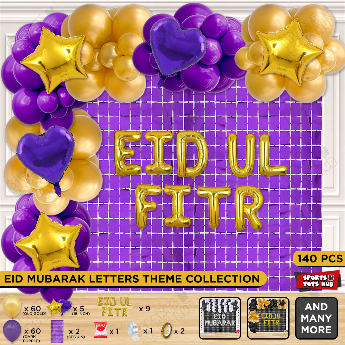 140 Pcs Eid Ul Fitr Gold Foil Balloon Arch Theme Collection