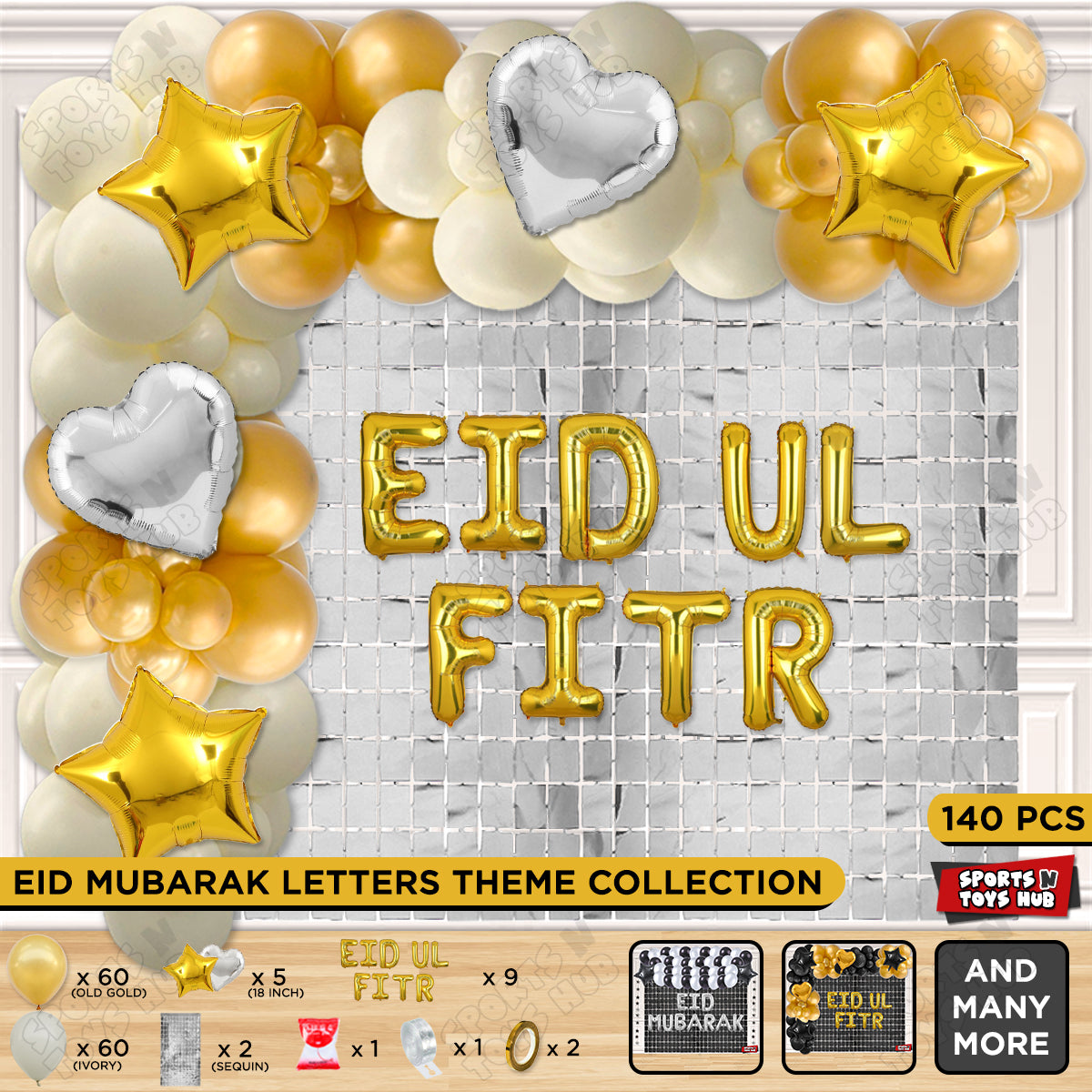140 Pcs Eid Ul Fitr Gold Foil Balloon Arch Theme Collection