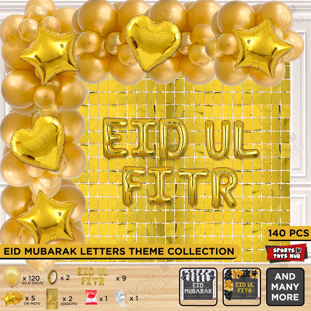 140 Pcs Eid Ul Fitr Gold Foil Balloon Arch Theme Collection