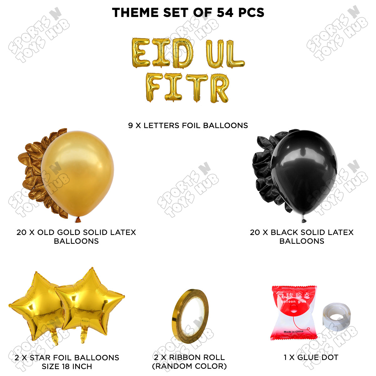 54 Pcs Eid Ul Fitr Gold Foil Balloon Garland Theme Collection