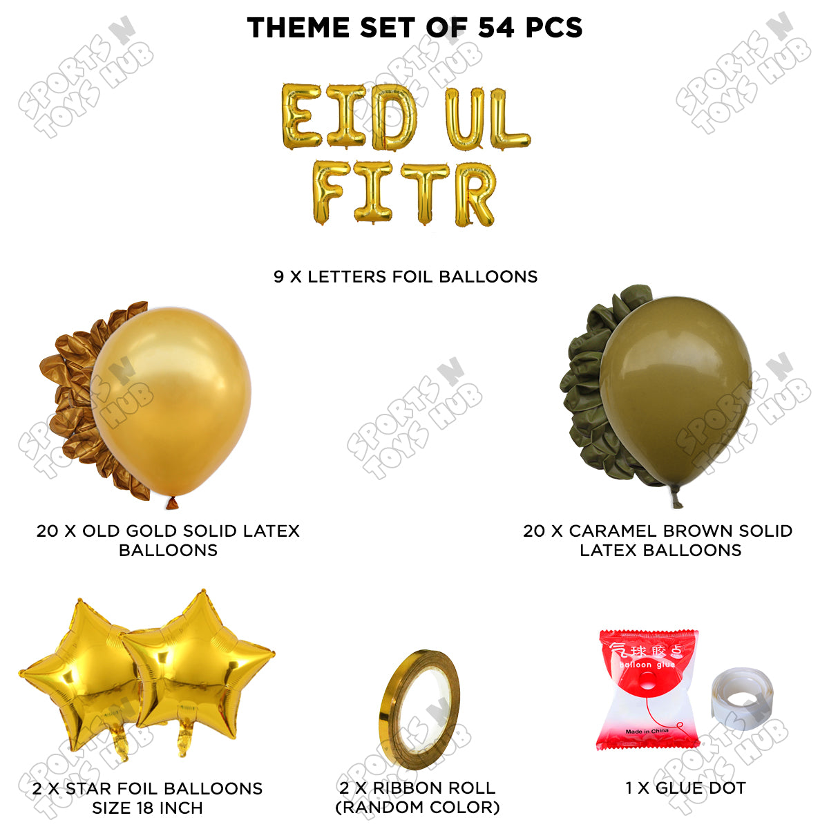 54 Pcs Eid Ul Fitr Gold Foil Balloon Garland Theme Collection