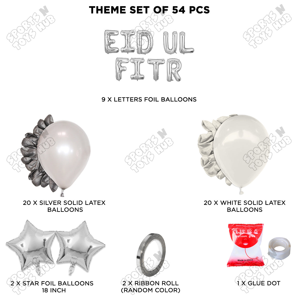 54 Pcs Eid Ul Fitr Silver Foil Balloon Garland Theme Collection