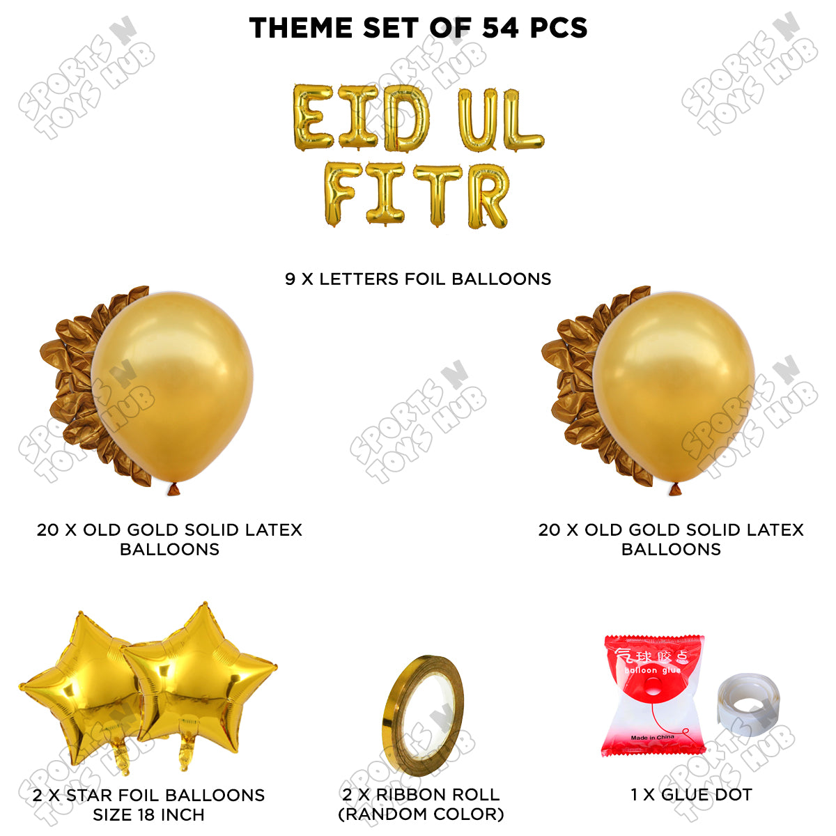 54 Pcs Eid Ul Fitr Gold Foil Balloon Garland Theme Collection