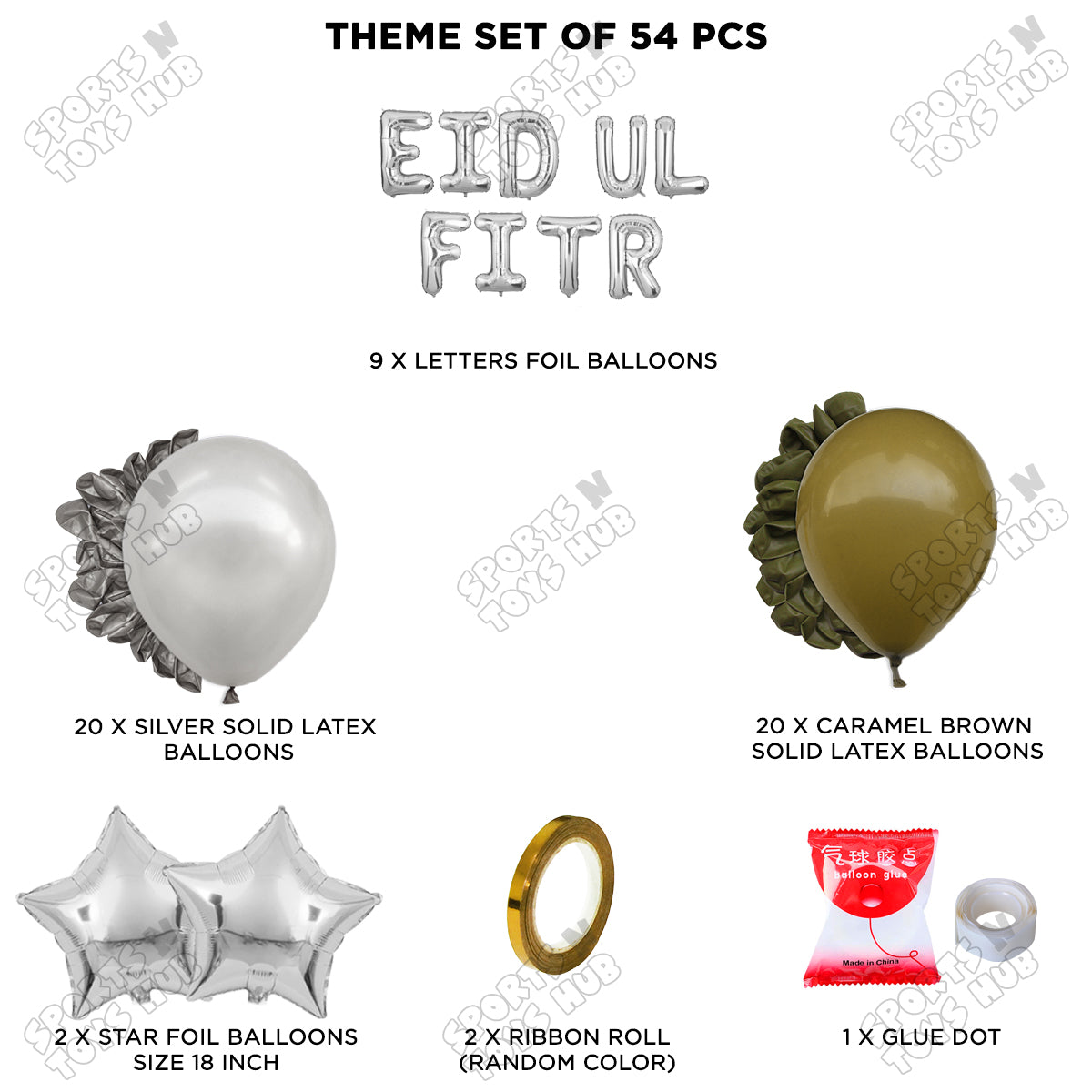 54 Pcs Eid Ul Fitr Silver Foil Balloon Garland Theme Collection
