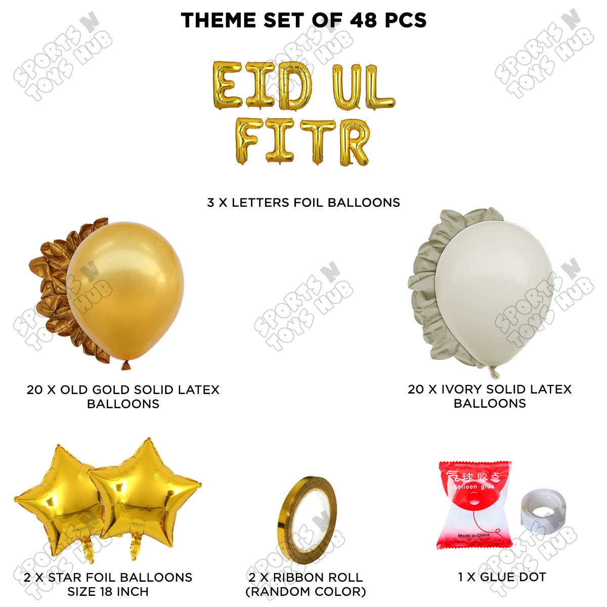 54 Pcs Eid Ul Fitr Gold Foil Balloon Garland Theme Collection