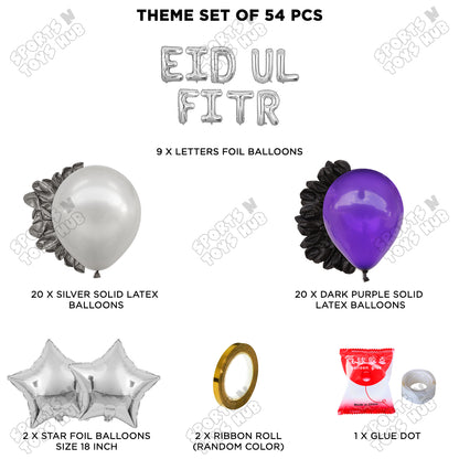 54 Pcs Eid Ul Fitr Silver Foil Balloon Garland Theme Collection