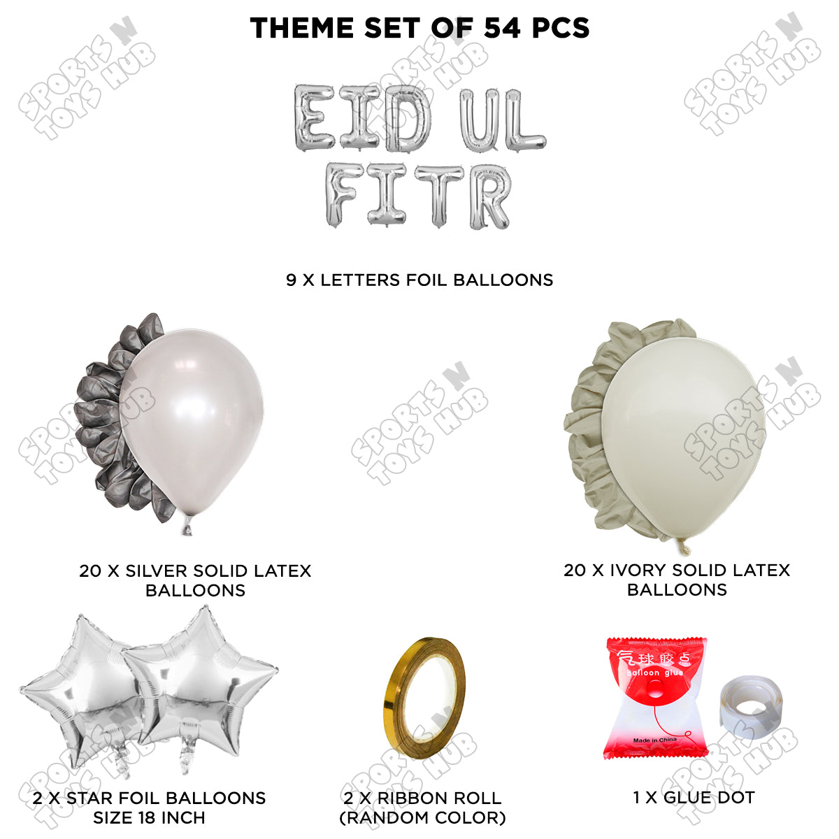 54 Pcs Eid Ul Fitr Silver Foil Balloon Garland Theme Collection